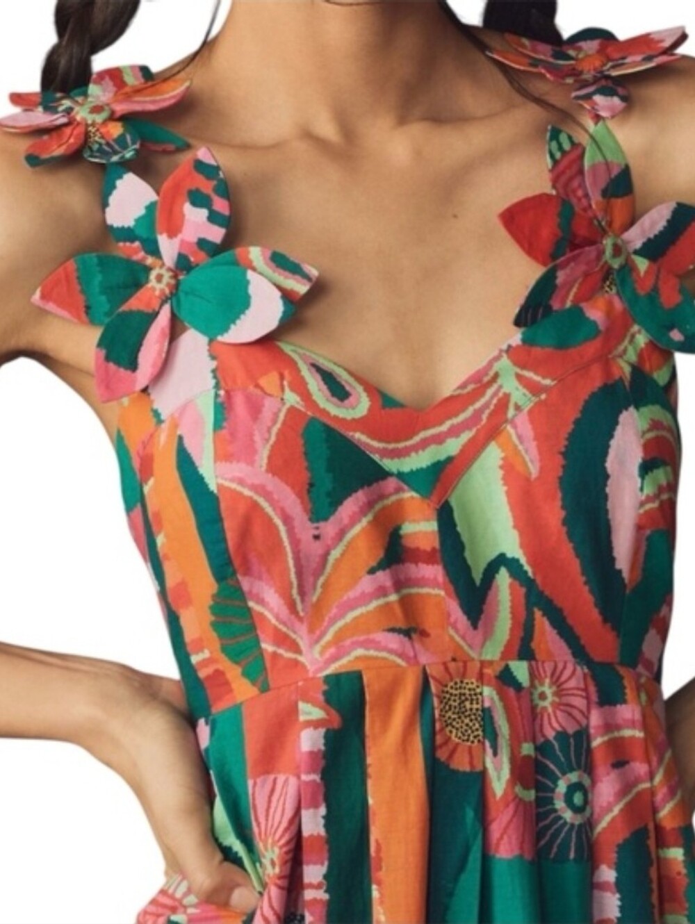 Farm Rio x Anthropologie Womens Small Multi Pleated Palm Midi Dress Resort Wear - Picture 2 of 13